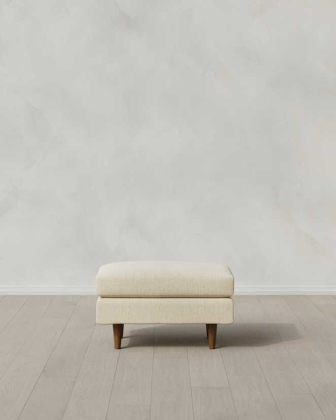 Eggshell Atlas Midcentury Ottoman in Performance Chenille Linen Blend