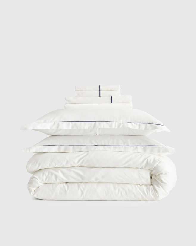 White/Navy Classic Organic Percale Embroidered Deluxe Bedding Bundle