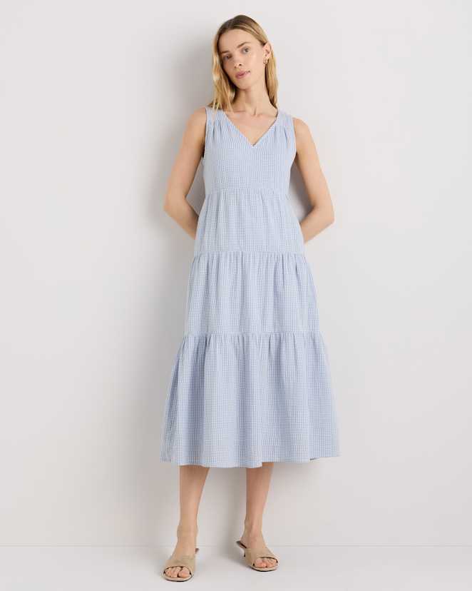 Blue Gingham 100% Organic Cotton Gauze Tiered Maxi Dress