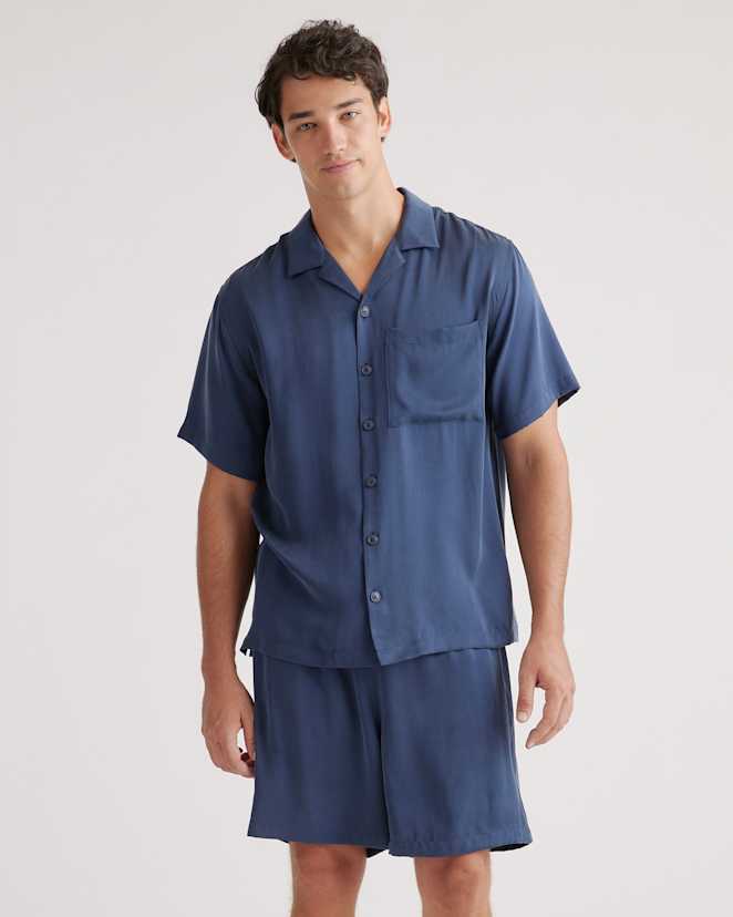 Indigo 100% Washable Silk Button Down Short Set
