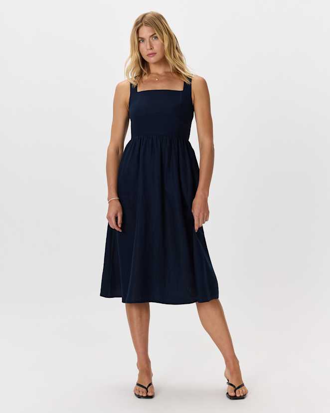 Deep Navy 100% European Linen Fit & Flare Midi Dress