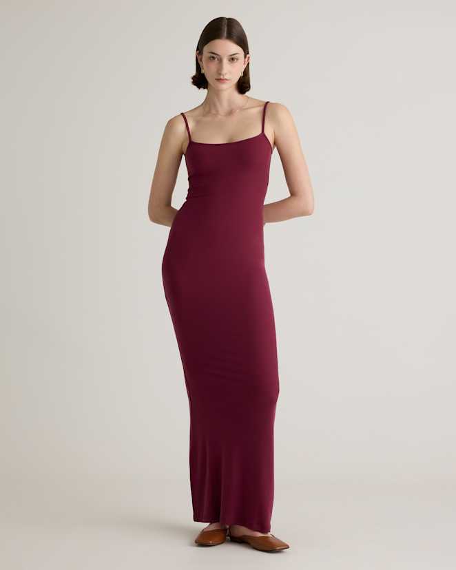 Wine Tencel Rib Knit Maxi Slip Dress