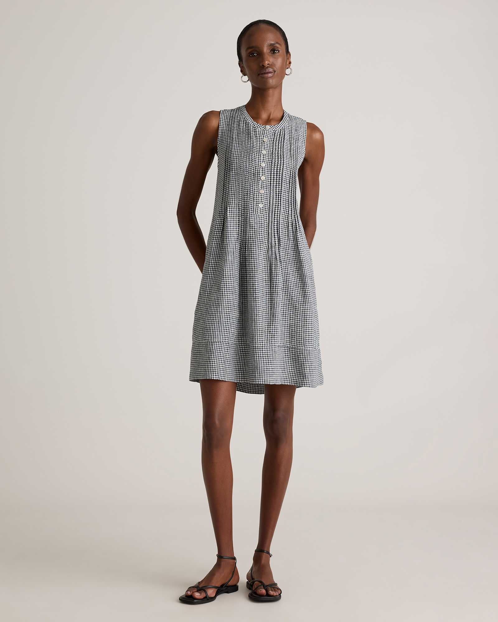 classic-mini-gingham 100% European Linen Sleeveless Swing Dress