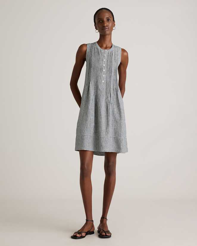 Classic Mini Gingham 100% European Linen Sleeveless Swing Dress