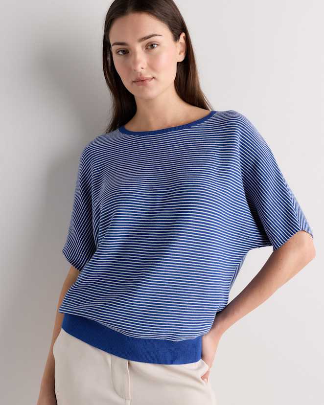 Orchid Blue Mini Stripe Lightweight Cotton Cashmere Link-Stitch Dolman Sweater