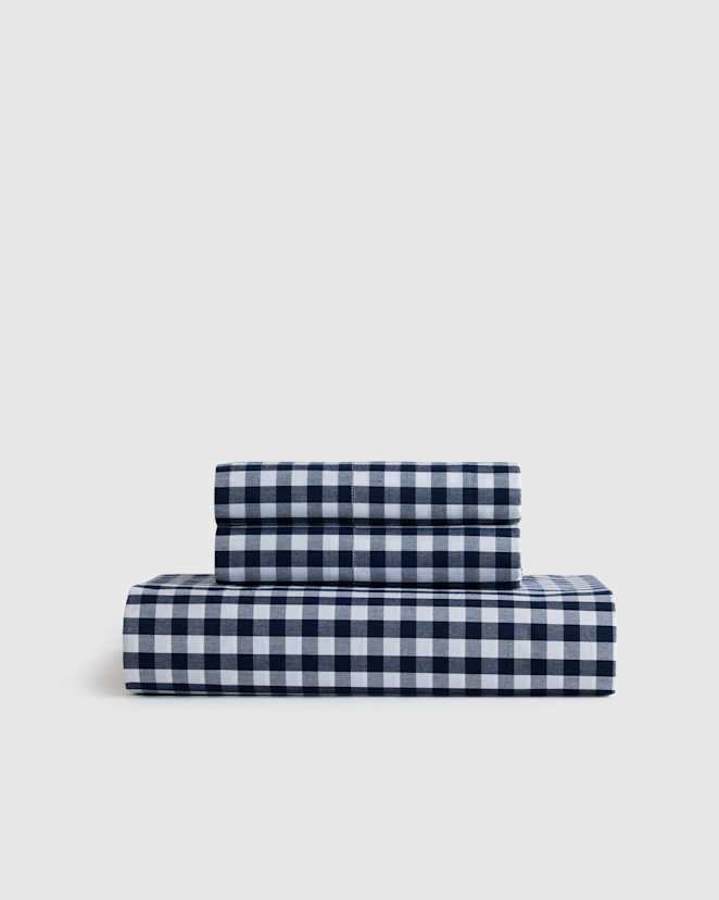 Navy Organic Crisp Percale Gingham Fitted Sheet Set