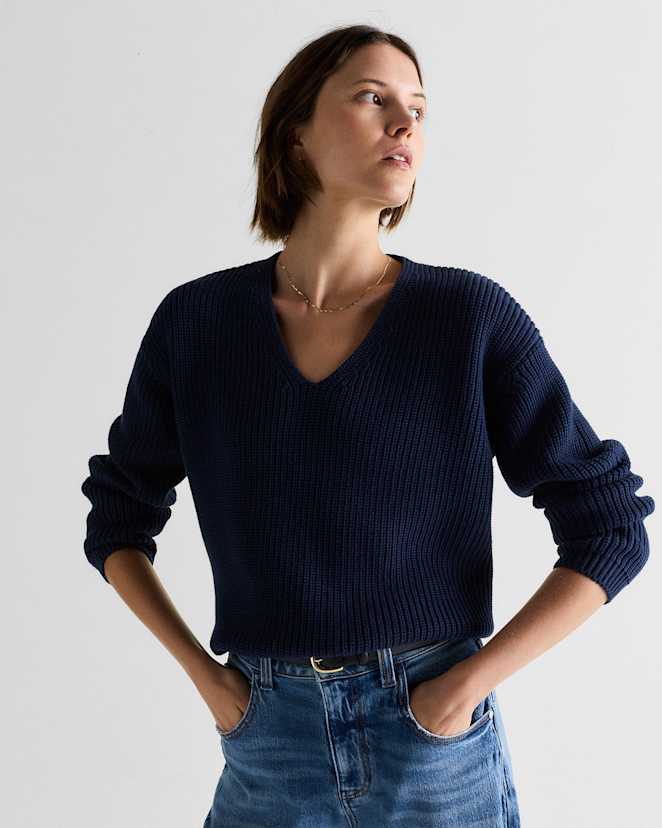 Navy 100% Organic Cotton Fisherman V-Neck Sweater