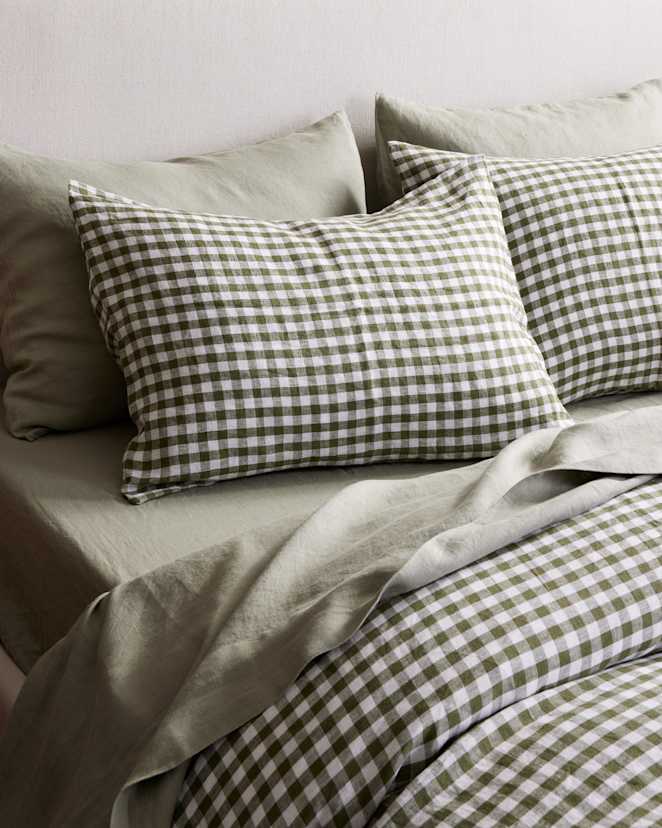 Olive Gingham European Linen Sham Set