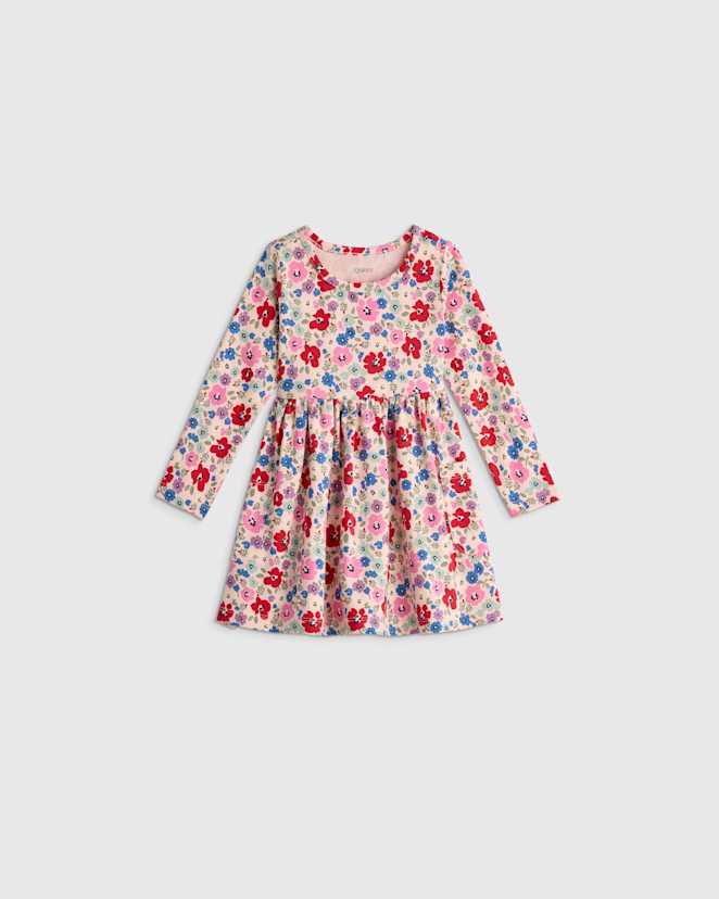 Red Poppy Floral Organic Cotton Long Sleeve Fit and Flare Pocket Dress