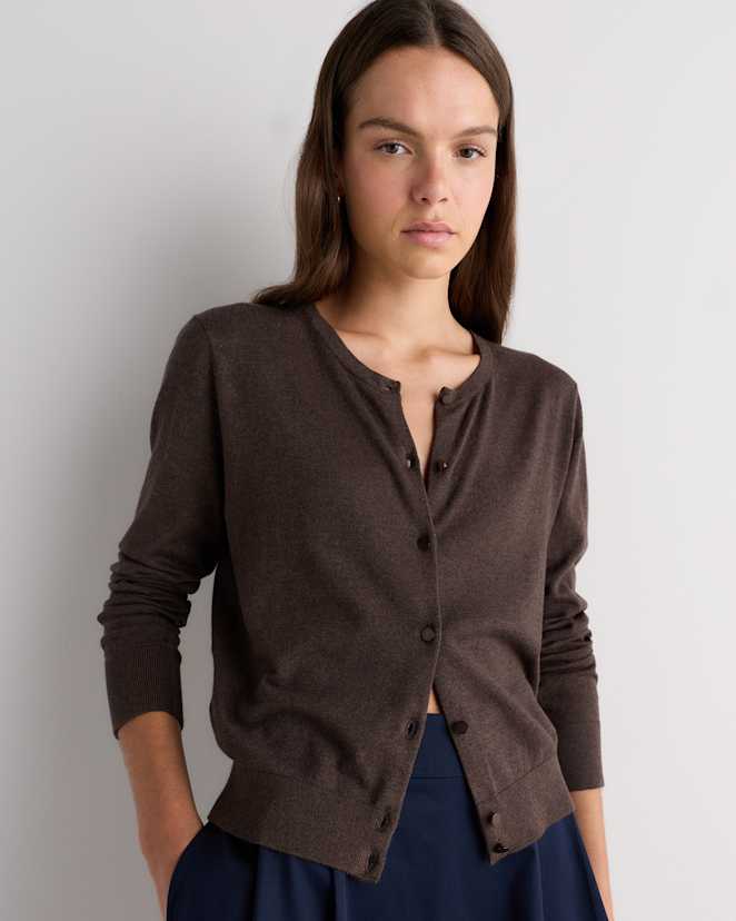 Mocha Heather Lightweight Cotton Cashmere Crew Cardigan