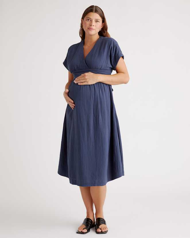 Indigo Blue Organic Cotton Gauze Maternity Midi Dress