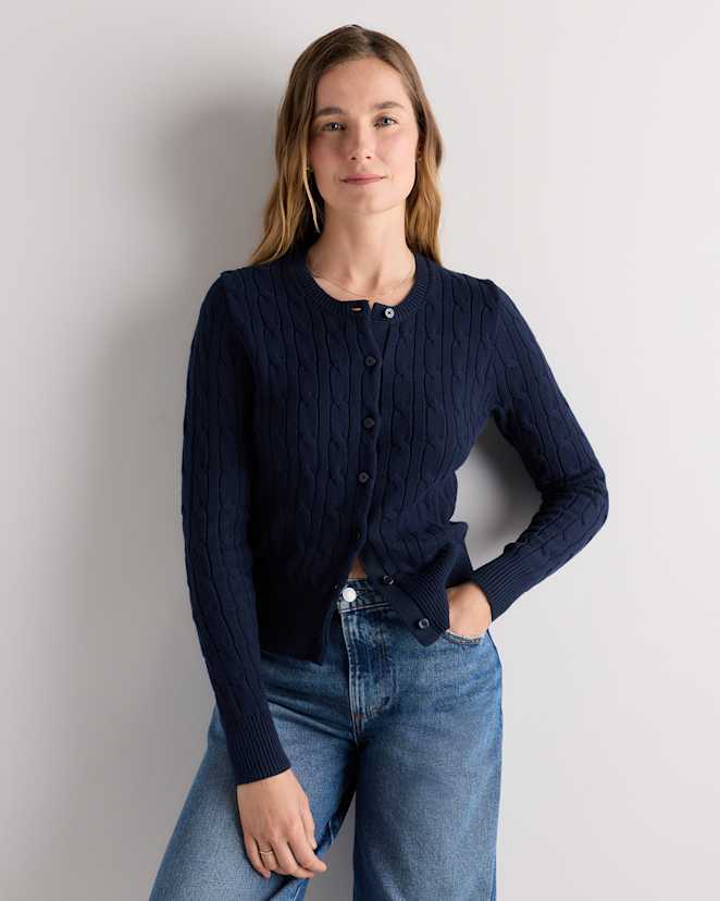 Navy Cardigan en tricot torsadé 100 % coton biologique à col rond