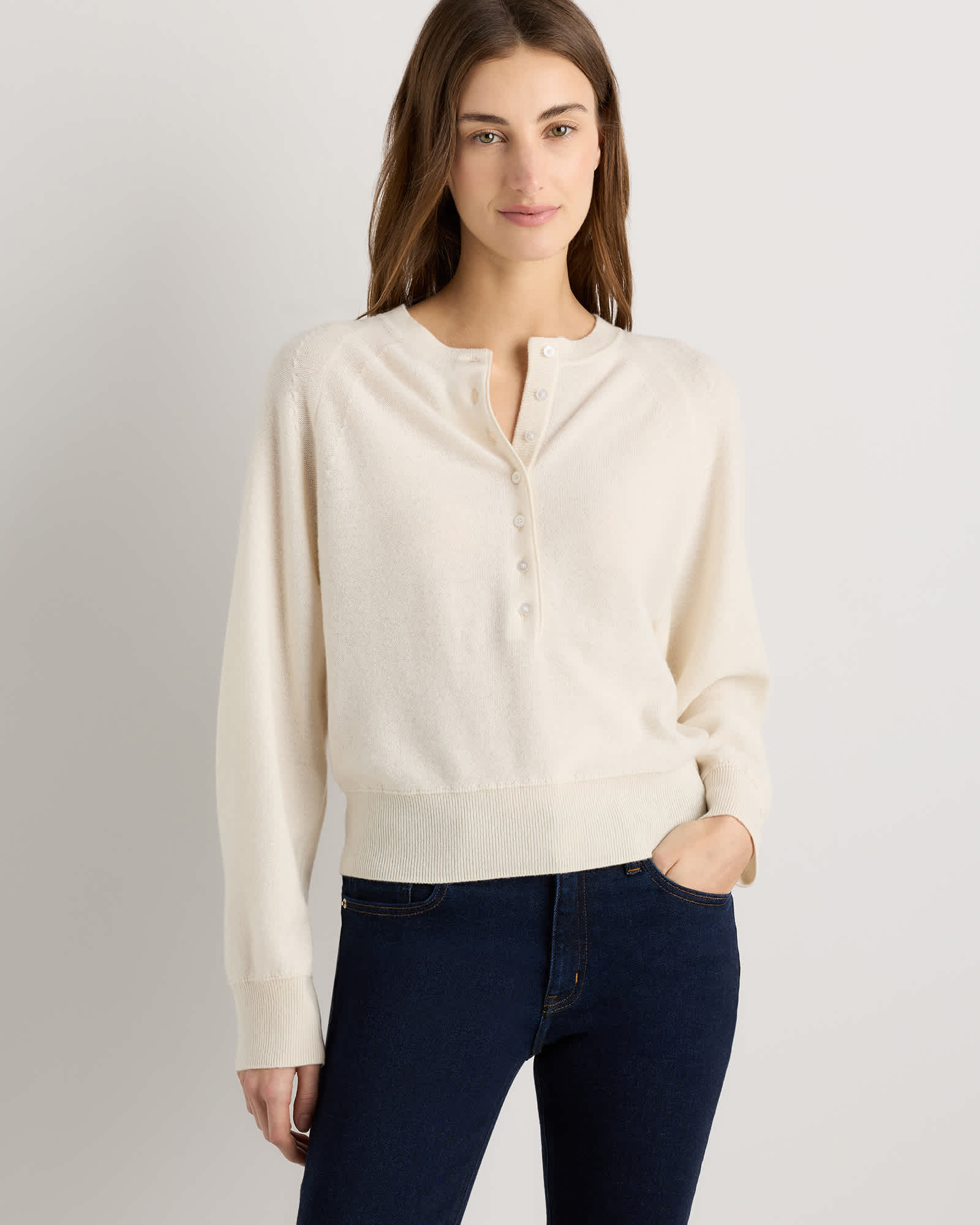 Ivory Mongolian Cashmere Dolman Sleeve Henley Sweater