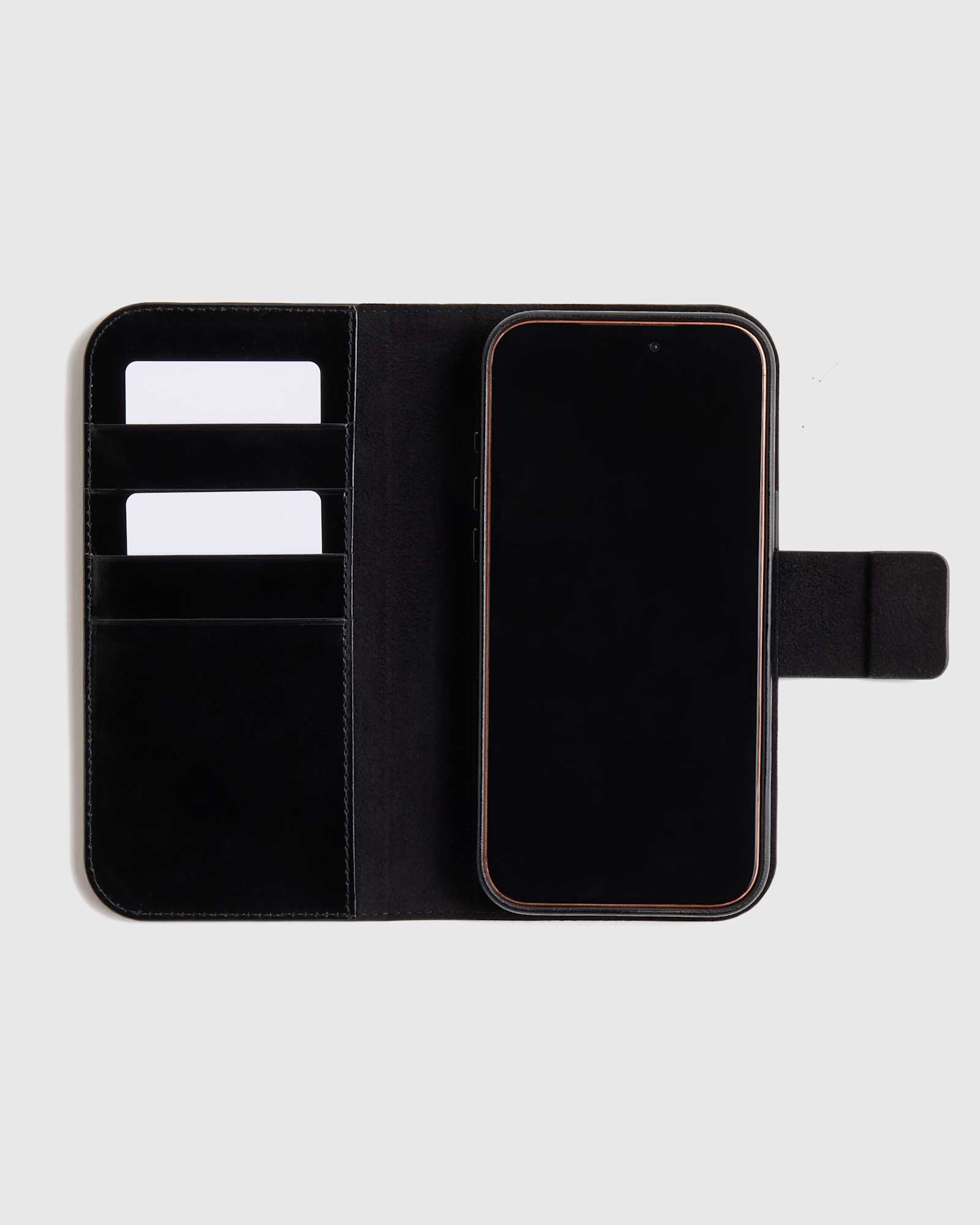 Black Étui-portefeuille 2 en 1 en cuir italien pour téléphone