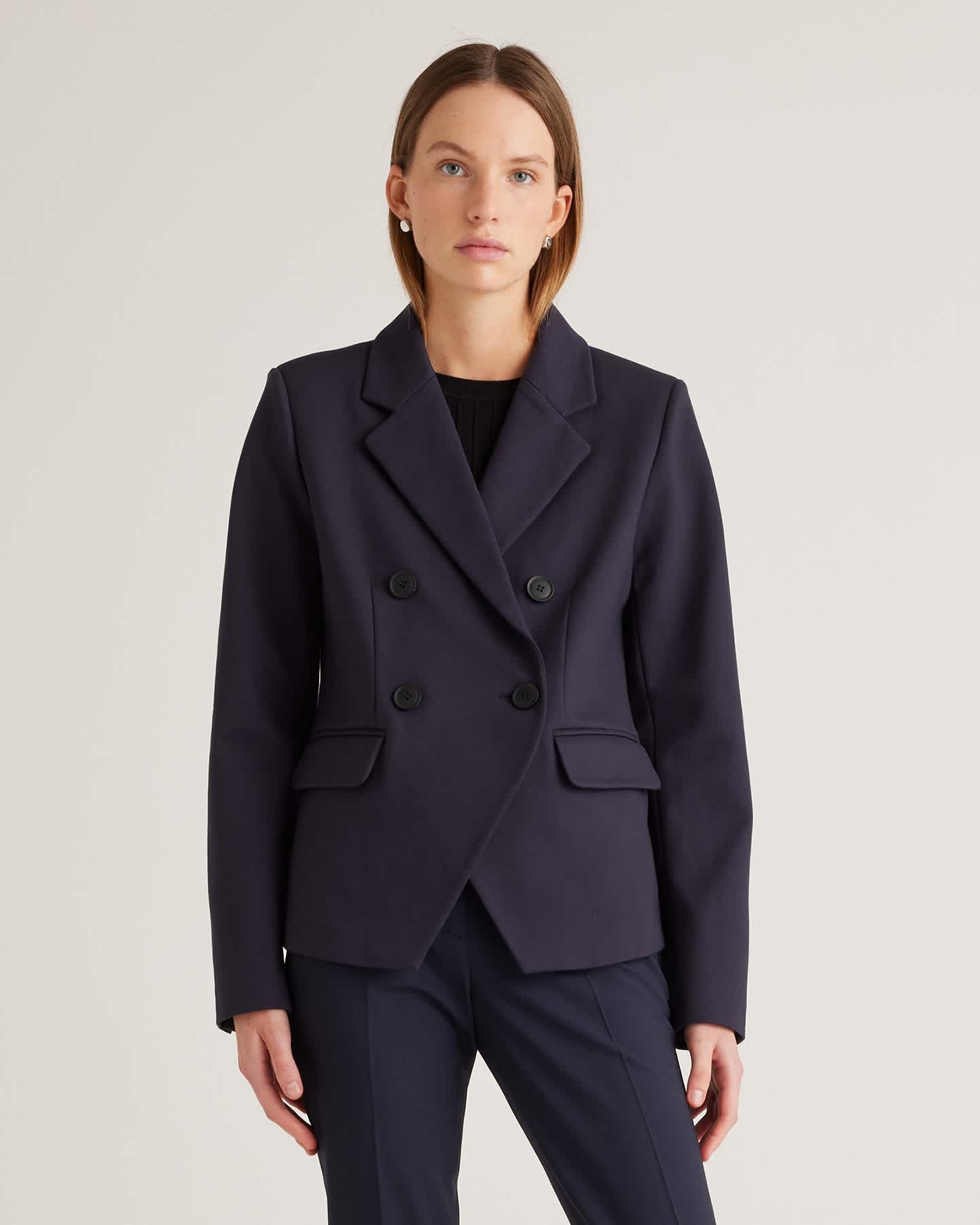 navy Ultra-Stretch Ponte Double-Breasted Blazer