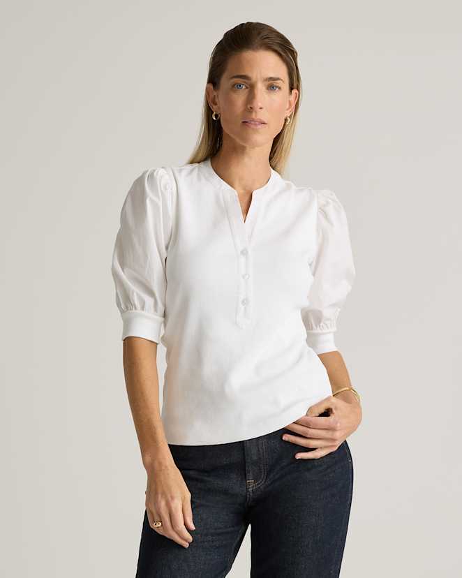 Classic White Haut à manches bouffantes en coton mélangé