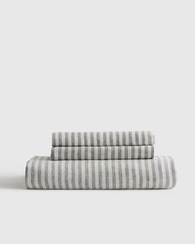Grey/White Stripe European Linen Stripe Fitted Sheet Set