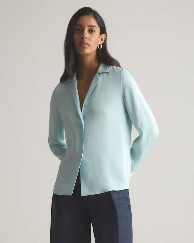 Aqua Pearl Washable Stretch Silk Notch Collar Blouse