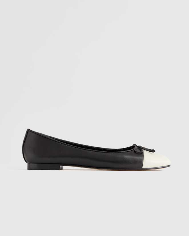 Black/Bone Italian Leather Cap-Toe Ballet Flat