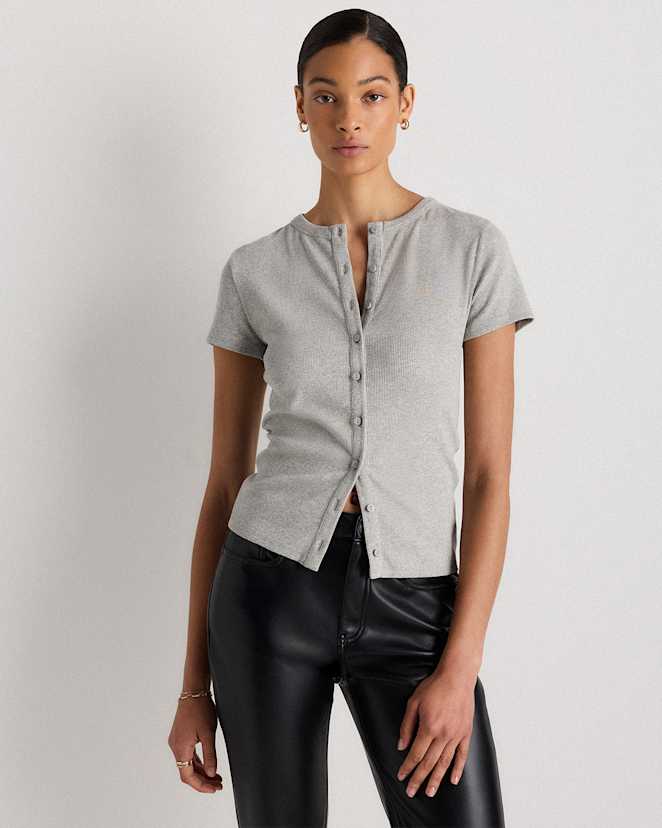Heather Grey Organic Cotton Micro-Rib Button Tee