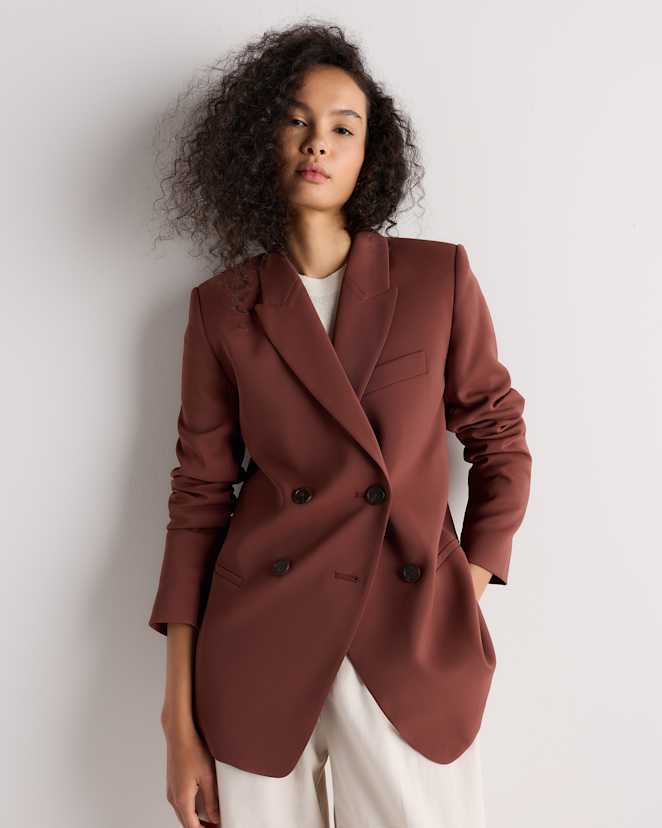 Redwood Brown Stretch Crepe Relaxed Double-Breasted Blazer