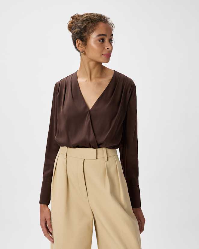 W-BLO-104-HTFDG-01 EDITED (1) Hot Fudge Washable Stretch Silk Surplice Bodysuit