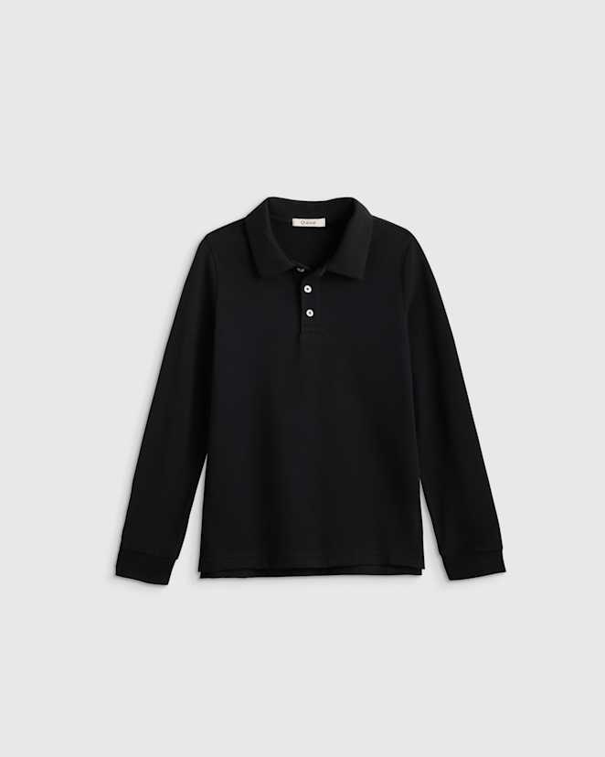 Black Organic Cotton Long Sleeve Pique Polo