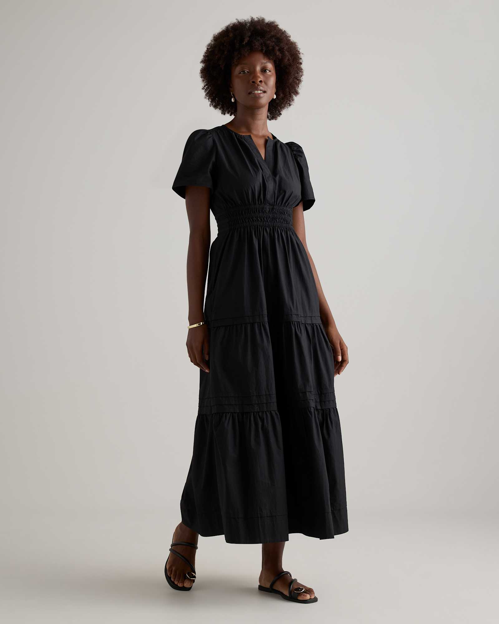 W-DRS-19-BLK-625 EDITED black 100% Organic Cotton Poplin Tiered Maxi Dress