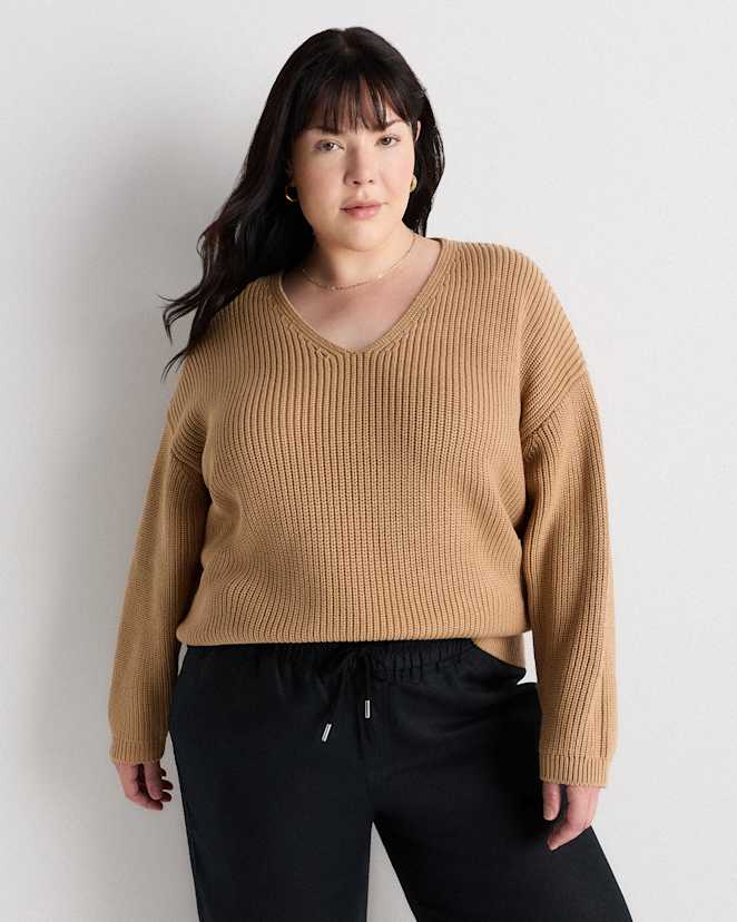 Camel 100% Organic Cotton Fisherman V-Neck Sweater