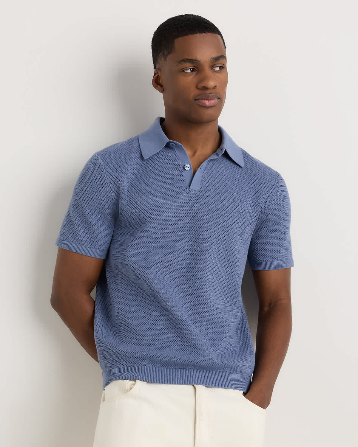 moonstone-blue 100% Organic Cotton Mesh-Stitch Sweater Polo