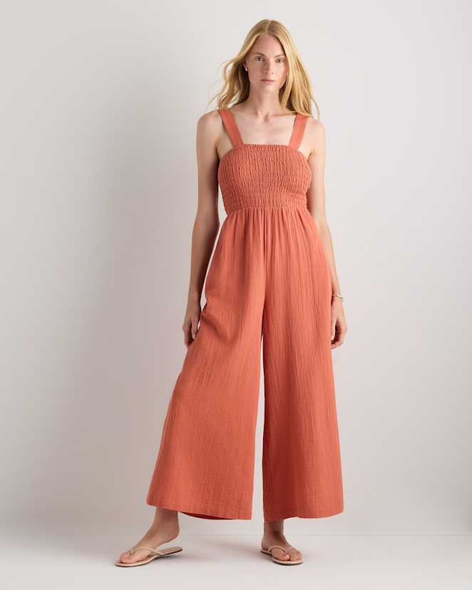 Spiced Orange 100% Organic Cotton Gauze Smocked Wide Leg Jumpsuit