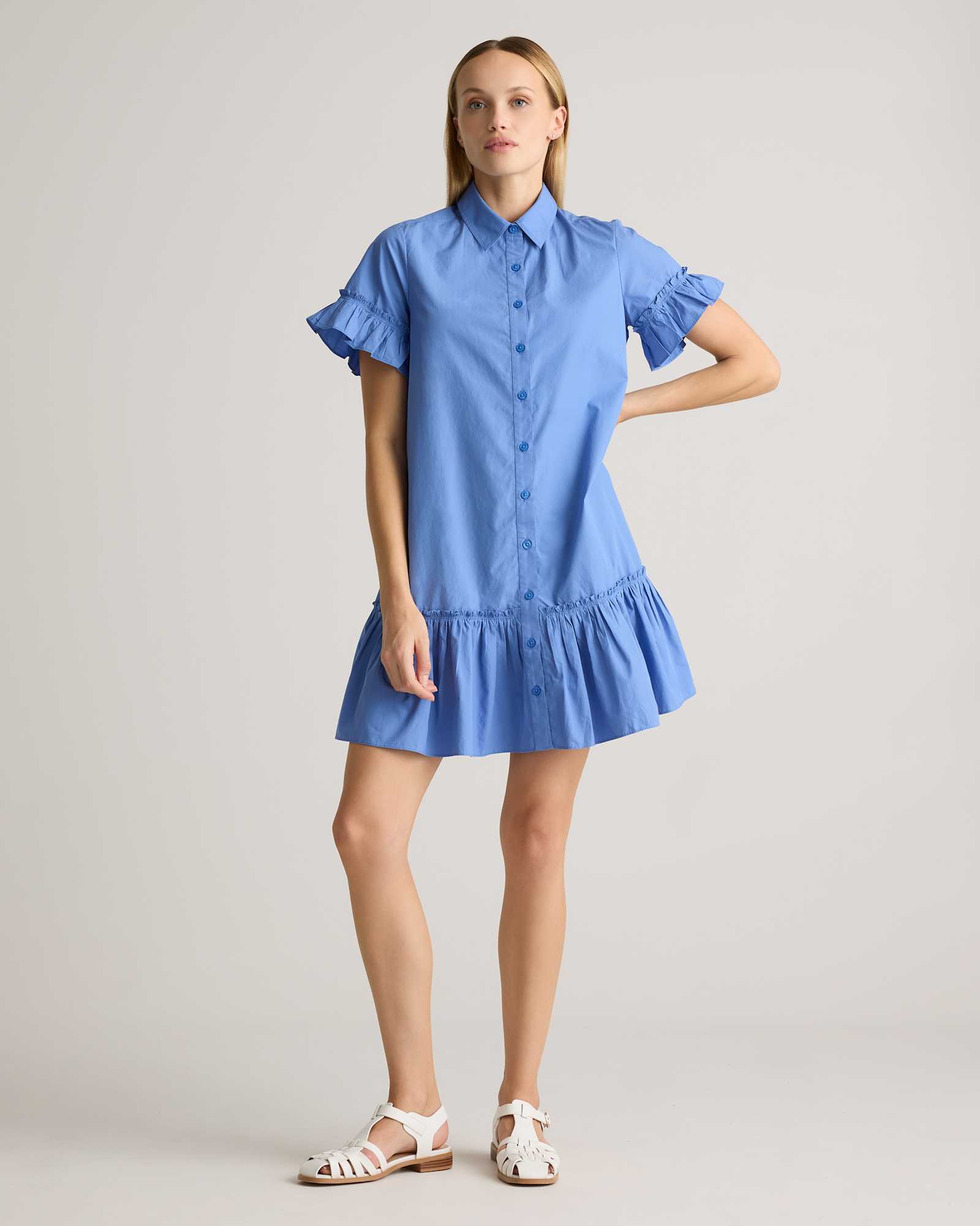 True Blue 100% Organic Cotton Poplin Short Sleeve Ruffle Shirt Dress