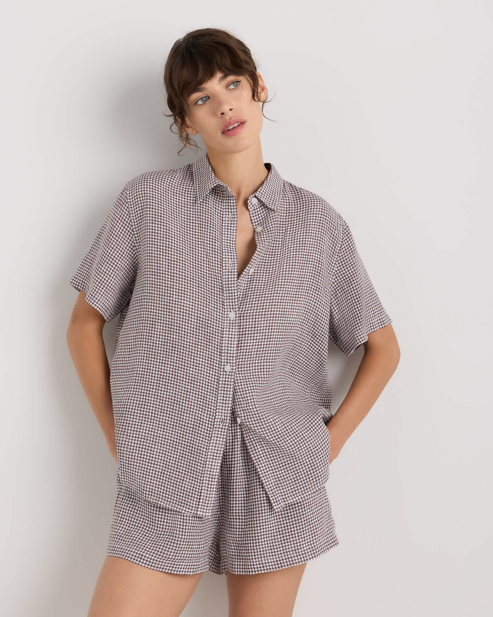 Taupe Brown Gingham 100% European Linen Shorts Pajama Set