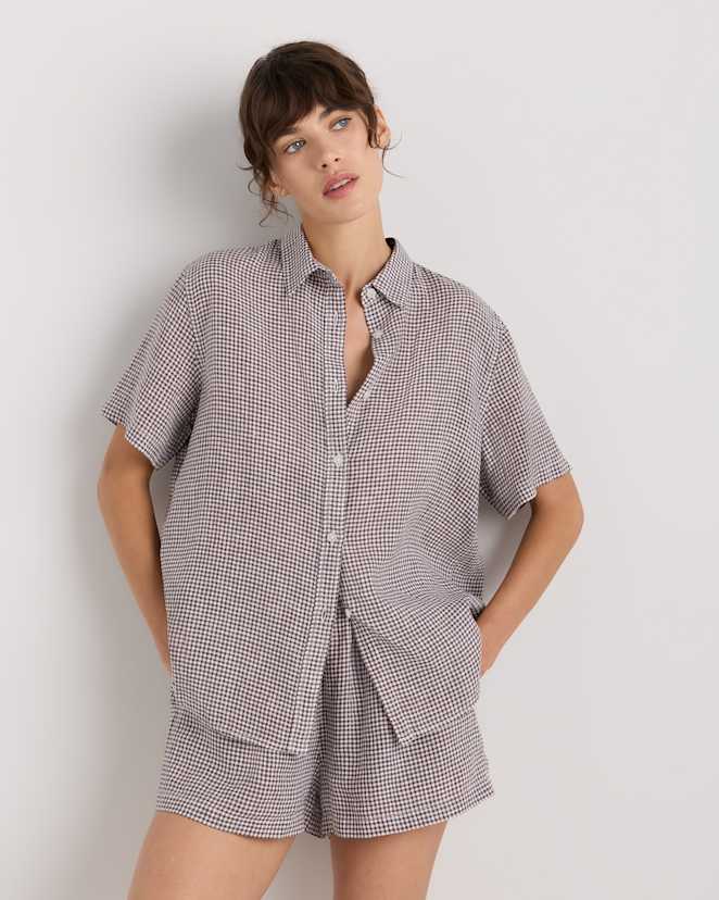 Taupe Brown Gingham 100% European Linen Shorts Pajama Set
