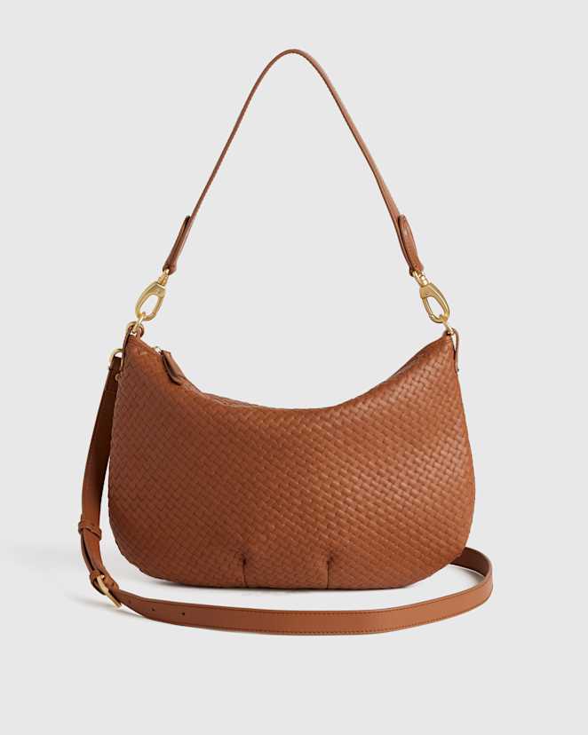 Cognac Italian Leather Convertible Crescent Handwoven Shoulder Bag