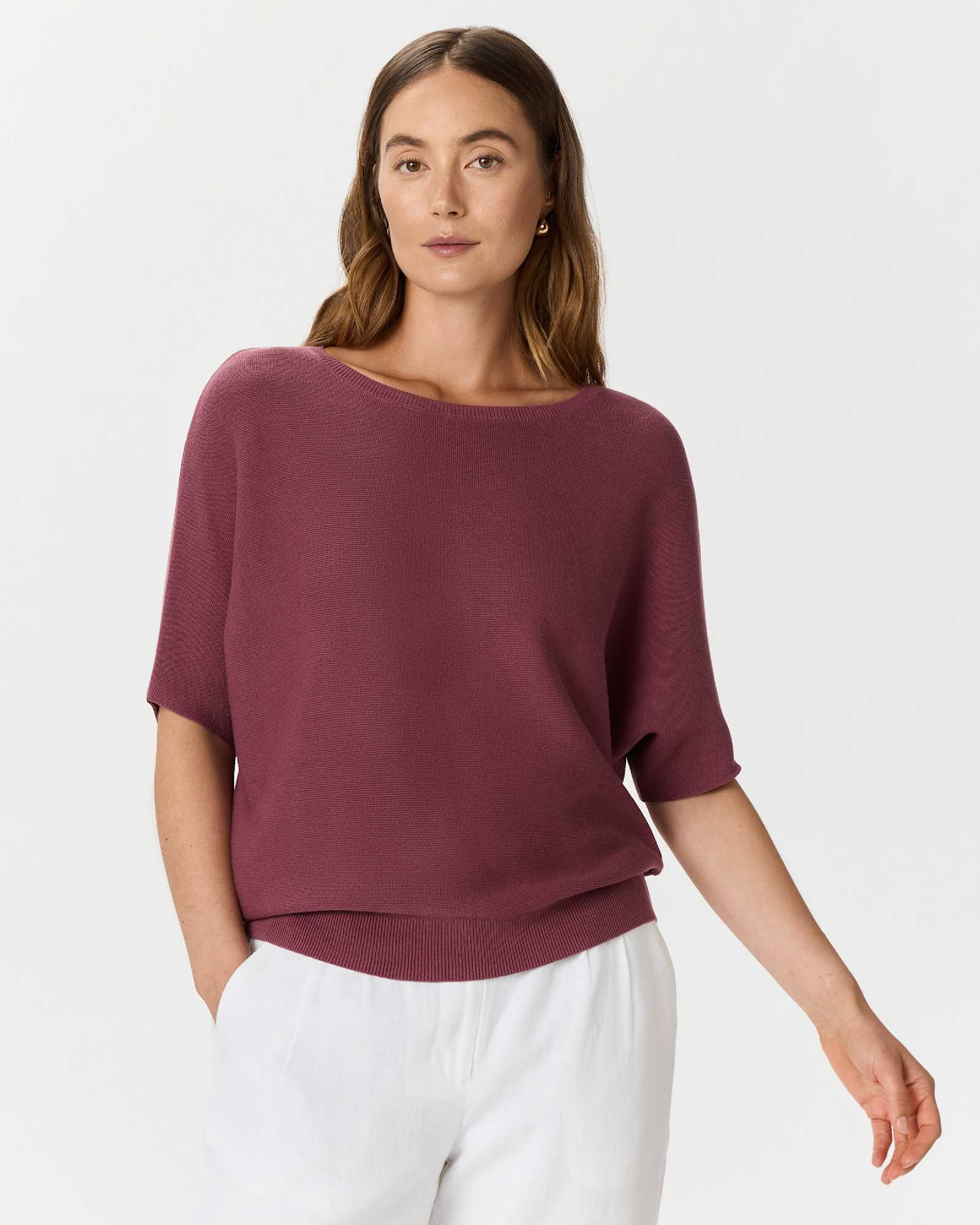crushed-berry-purple Lightweight Cotton Cashmere Link-Stitch Dolman Sweater