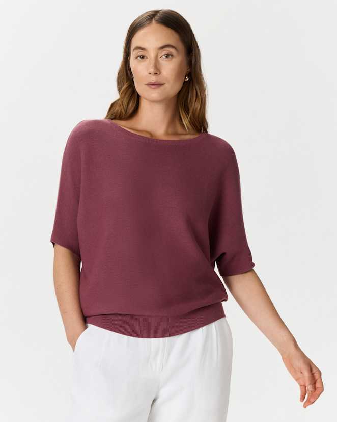 Crushed Berry Purple Lightweight Cotton Cashmere Link-Stitch Dolman Sweater