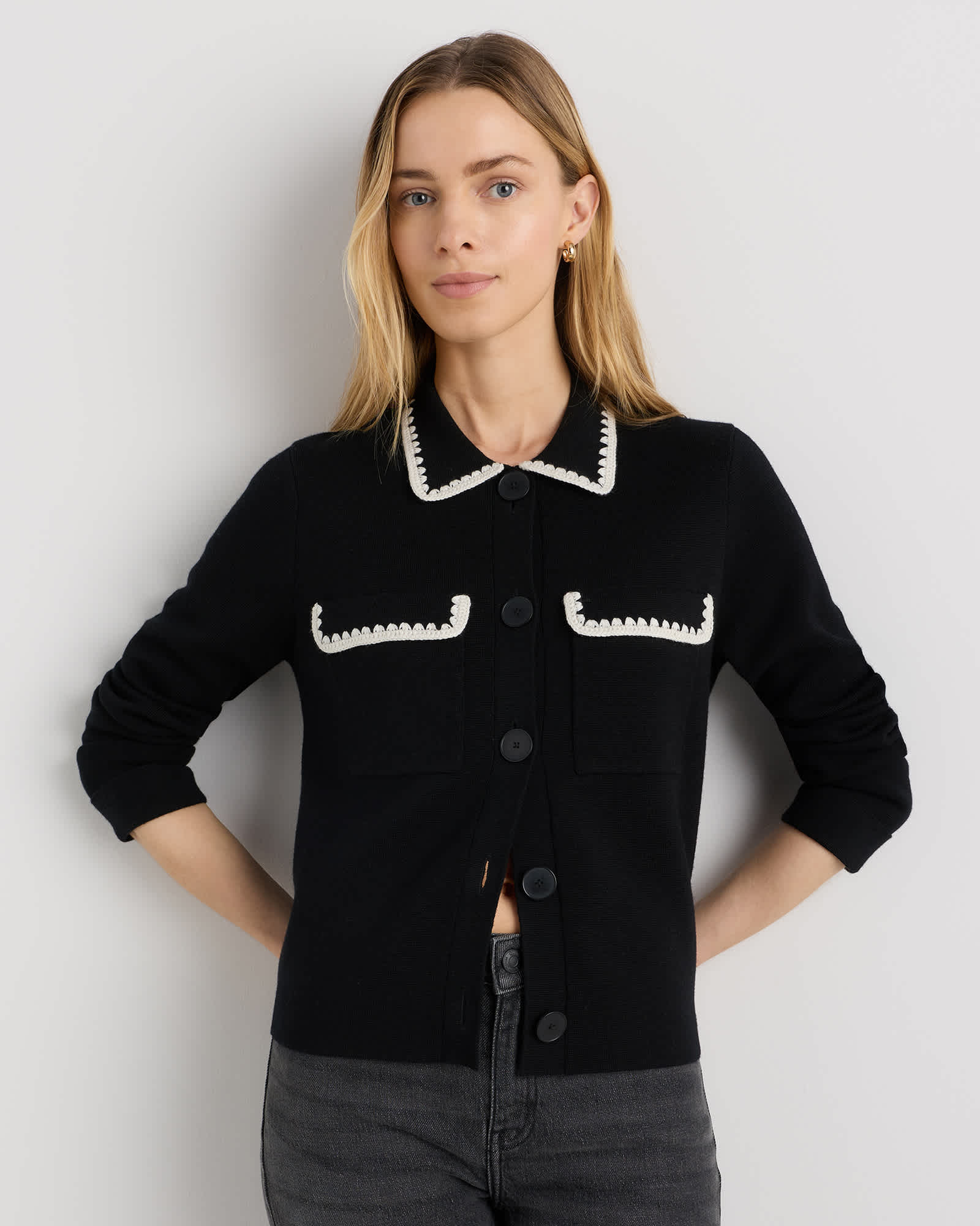 Black Australian Merino Wool Crochet Trim Sweater Jacket