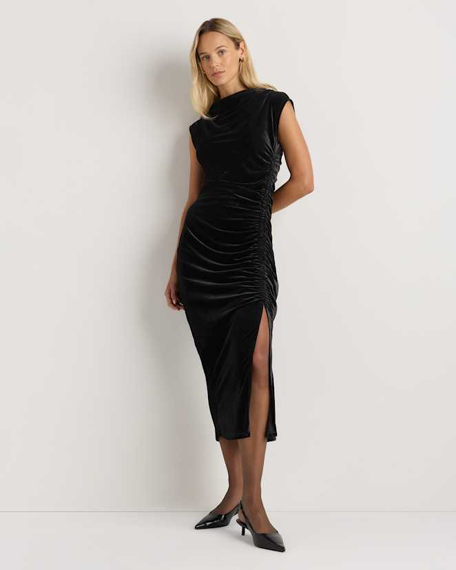 Black Stretch Silk Velvet Ruched Midi Dress