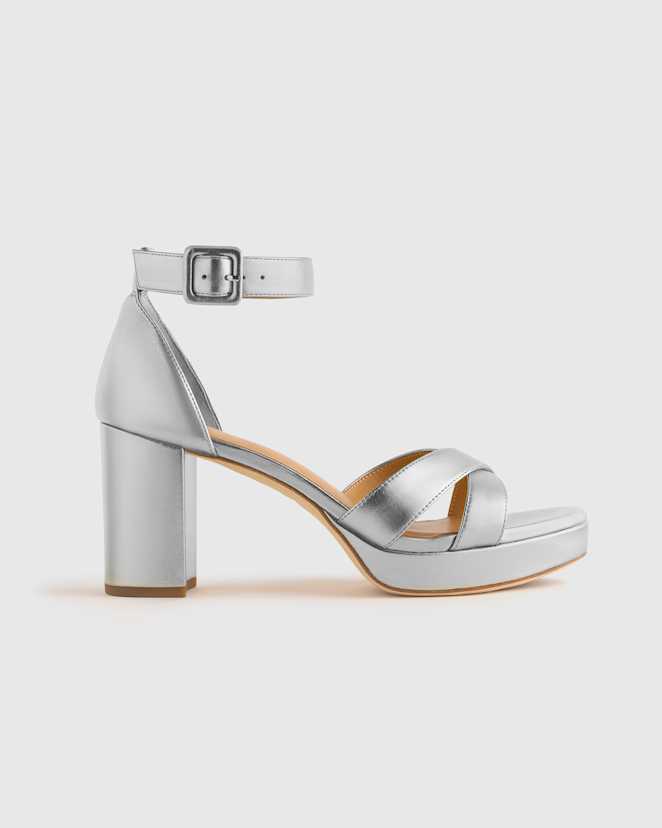 Metallic Silver Italian Leather Crisscross Platform Sandal