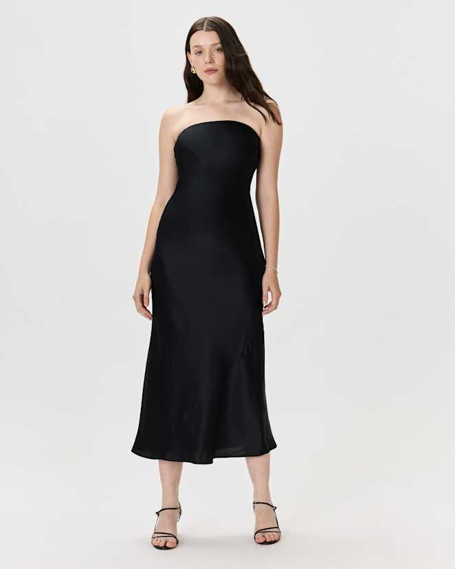 Black 100% Washable Silk Strapless Midi Dress