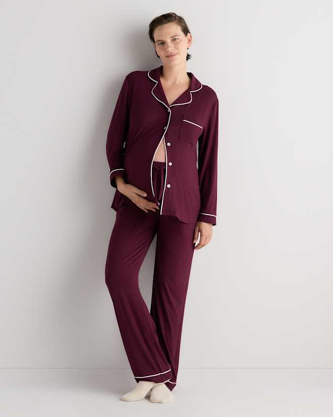 Wine Tasting Red Bamboo Jersey Maternity Long Sleeve Pajama Set