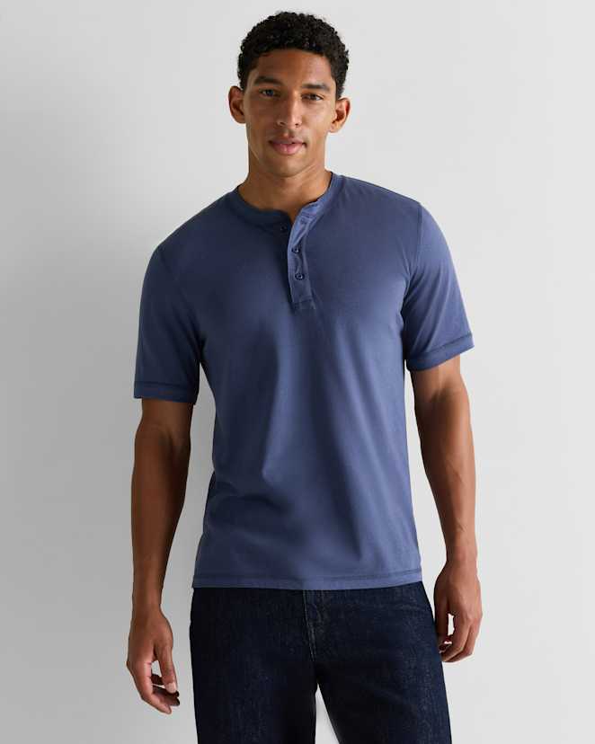 Storm Blue Cotton Modal Short Sleeve Henley Tee