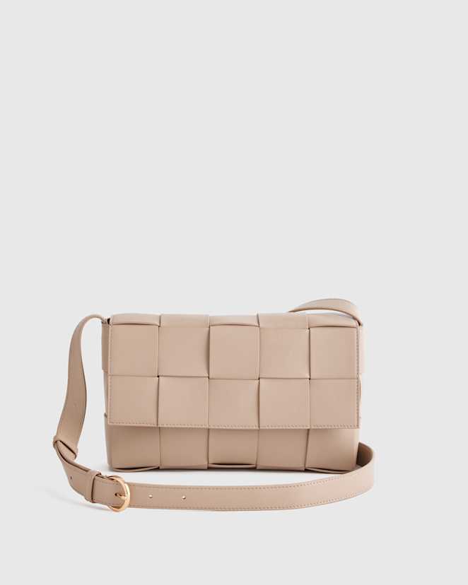 Taupe Italian Leather Handwoven Flap Crossbody