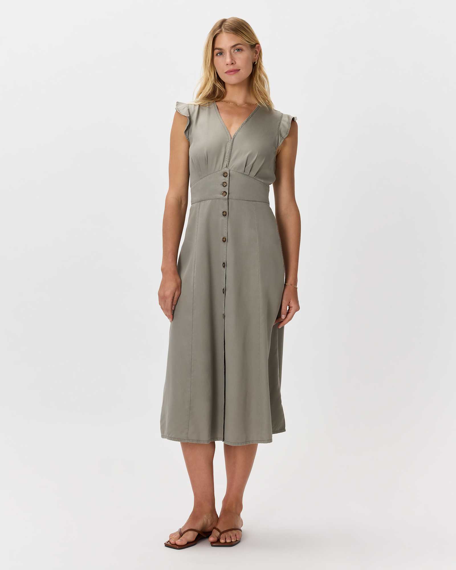 olive Vintage Wash Tencel Button Front Midi Dress