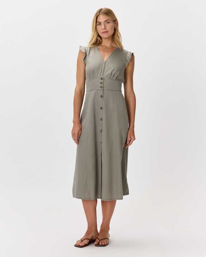 Olive Vintage Wash Tencel Button Front Midi Dress