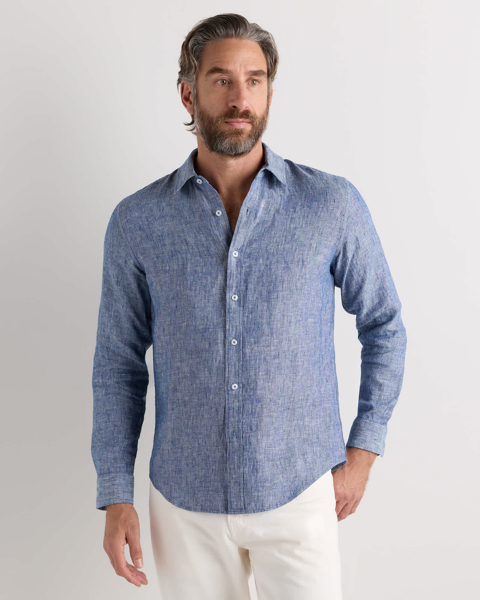 chambray-blue 100% European Linen Relaxed Long Sleeve Shirt