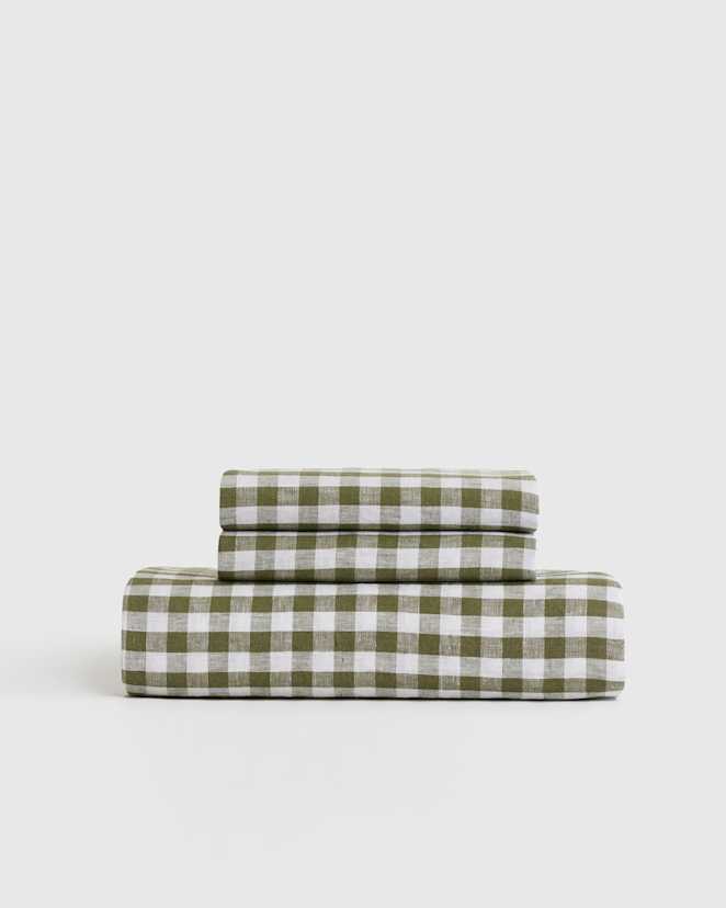 Olive European Linen Gingham Fitted Sheet Set