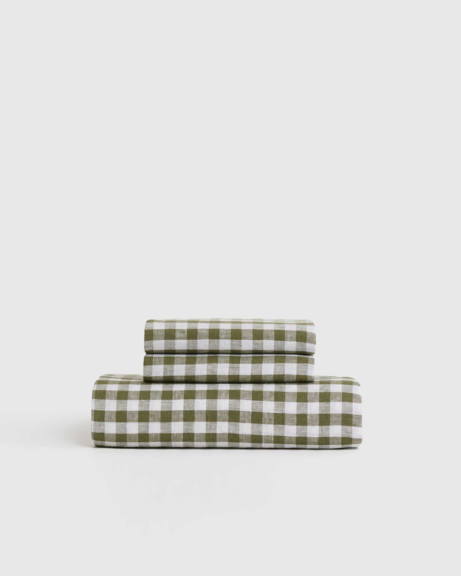 olive European Linen Gingham Fitted Sheet Set