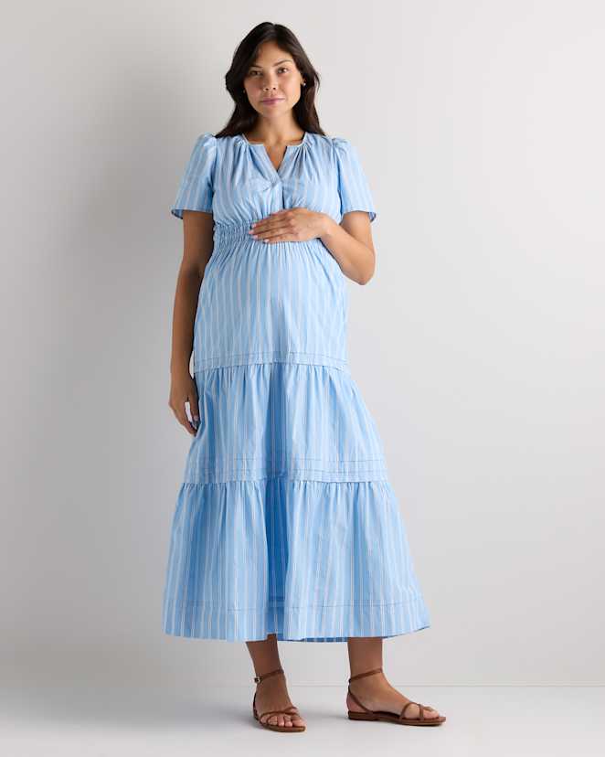 Delta Blue Double Stripe 100% Organic Cotton Poplin Maternity Tiered Maxi Dress